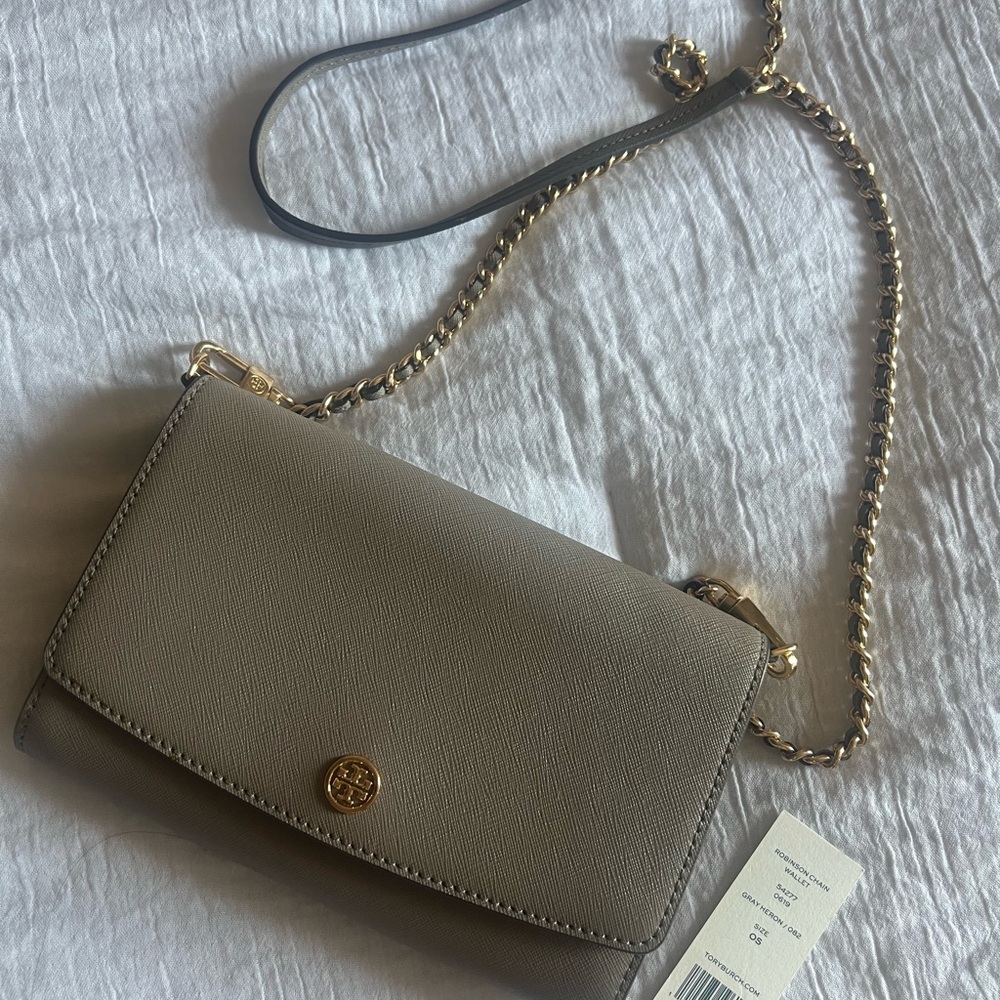 Tory Burch Taupe Crossbody Bag with Gold Chain